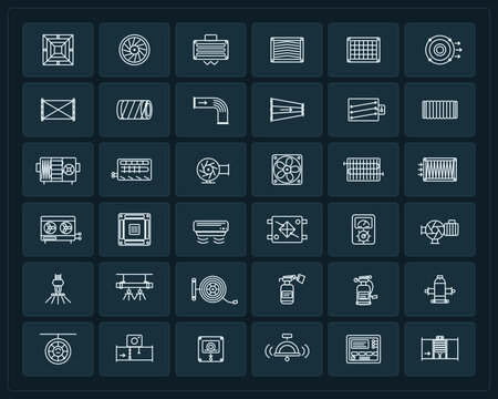 HVAC and fire fighting symbol set with air diffusers grilles ducts AHU VRF units sprinklers hose reel extinguishers smoke detector and fire alarm panel line icons