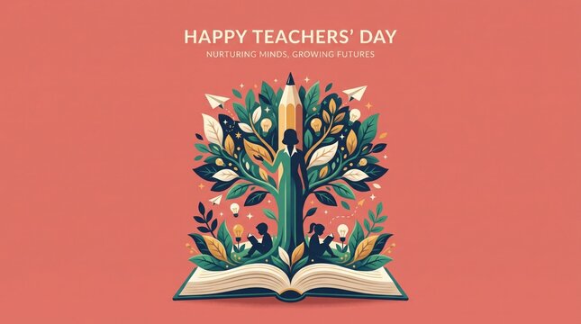Teachers day vector illustration with knowledge tree growing from open book and pencil