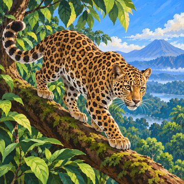 Javan Leopard in Tropical Rainforest &mdash; Wildlife and Endangered Species Illustration