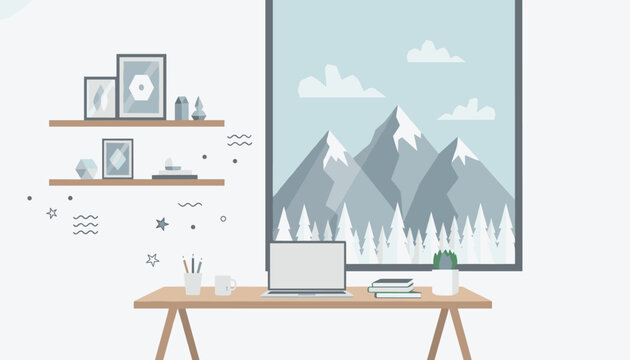 Stylish home office setup featuring a wooden desk, a laptop, shelves, and a large window with a scenic mountain view.