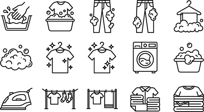 Laundry service and clothes washing line icon vector set featuring washing machine iron and soap suds symbols