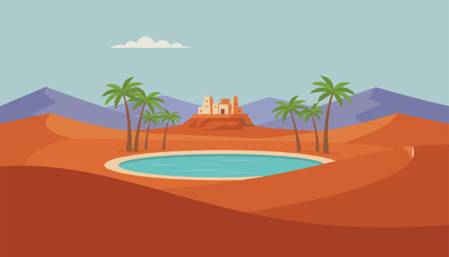 Desert oasis with a calm water pool and green palm trees features an ancient clay castle on a distant rocky hill.