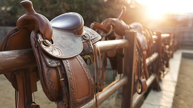 bridle. Exquisite leather horse tack arranged on a wooden fence rail in a stable, with soft morning light. wildlife magazines, conservation campaigns, designed for nature documentaries and education.