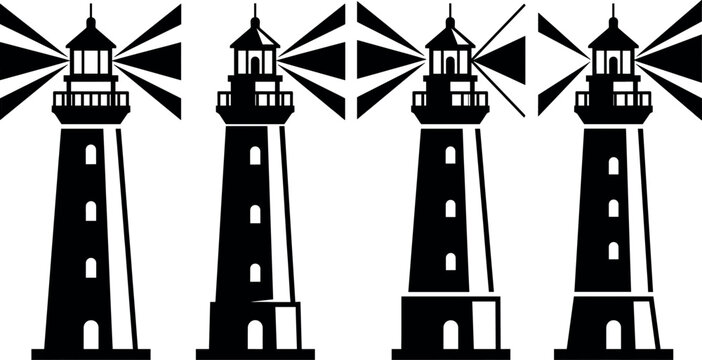 Lighthouse tower vector icon set featuring black maritime searchlight silhouettes with geometric light beams