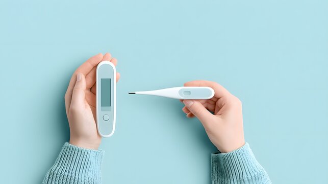 Hands holding a digital thermometer on a light blue background. Medical healthcare concept for monitoring body temperature and checking for fever.