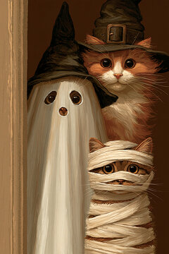 Red cats in halloween costumes wearing a dark pointed witch hat, a white sheet like a ghost costume and  mummy bandages peeking from the door