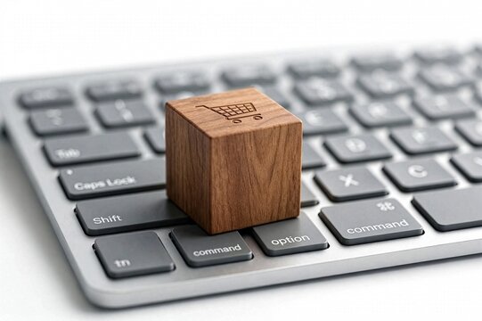 Wooden block with shopping cart icon on computer keyboard for e-commerce concept