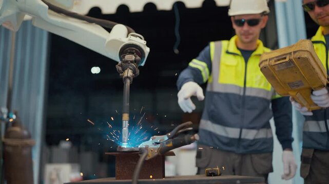 Two workers in safety gear observe a welding robot. They focus on sparks flying from the welding point. The worker holds a metal piece