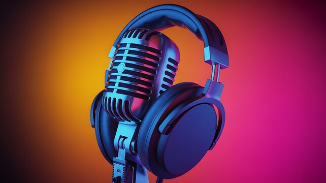 Vintage retro microphone with modern headphones against a colorful neon gradient background