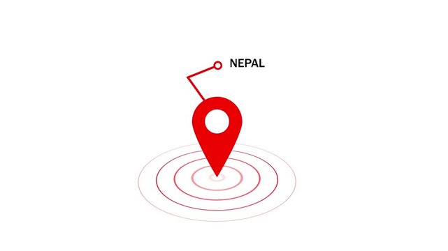Animated red map pointer pin indicating nepal location on white background, with pulsing concentric, circles for geographic, navigation, travel planning, global logistics, 