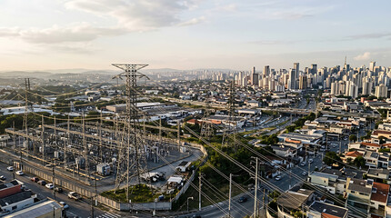 Obraz premium Aerial View of an Electrical Substation Power Grid Infrastructure Integrated Within a Dense Urban Landscape at Golden Hour