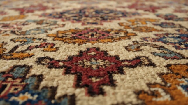 Vibrant handcrafted rug with intricate floral and geometric patterns in warm earth tones