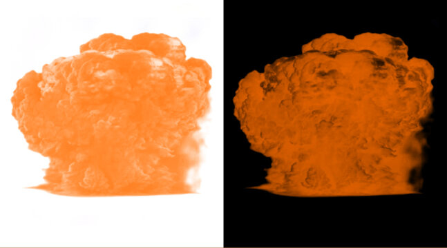Orange smoke explosion illustration, fiery dust cloud effect, vibrant blast plume on white and black background for motion graphics