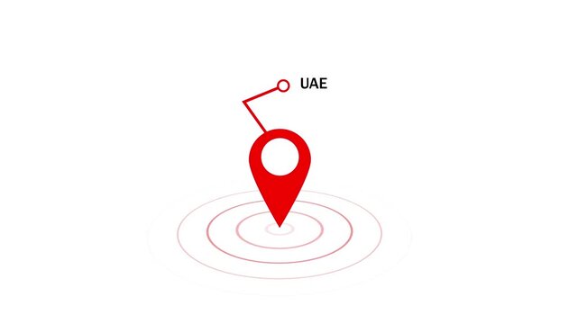 Animated red map location pin with pulsing radar circles and uae text label, minimalist motion for travel, logistics, navigation, and global business communication projects