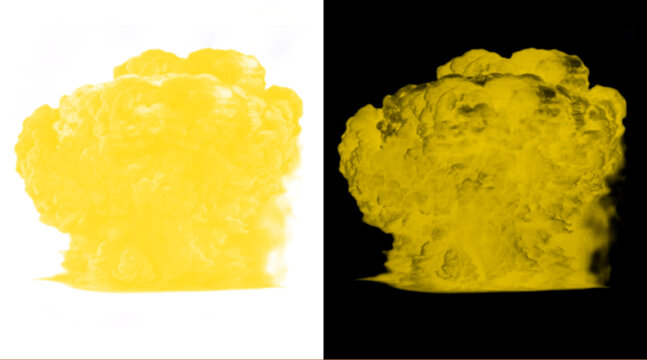 Yellow smoke explosion on white and black backgrounds. Vibrant chemical gas cloud illustration. Toxic dust blast for creative design.