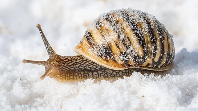 gastropod. A snail moving slowly across a surface of coarse salt crystals in an extreme close-up. wildlife magazines, conservation campaigns, designed for wildlife conservation campaigns.