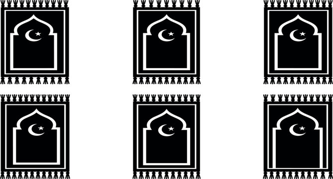 Islamic prayer rug silhouette vector set featuring traditional fringed mats with mosque arch and crescent moon