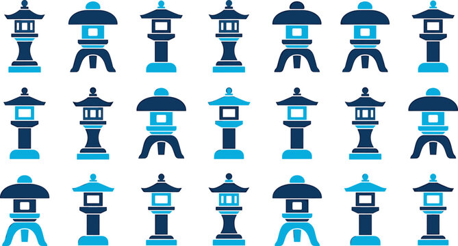 Japanese stone lantern vector icon set featuring flat blue pagoda tōrō garden silhouette shapes