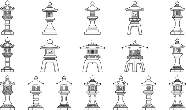 Japanese stone lantern line icon vector set featuring traditional pagoda tōrō garden decorations