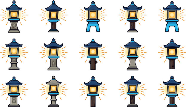 Japanese stone lantern vector icon set featuring traditional taro lampion pagoda lights for garden oriental decor