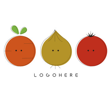 Cute vegetable characters logo set featuring carrot, onion, and tomato