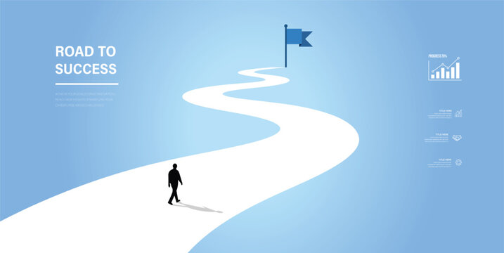 Business success journey with wnding road to goal and flag.