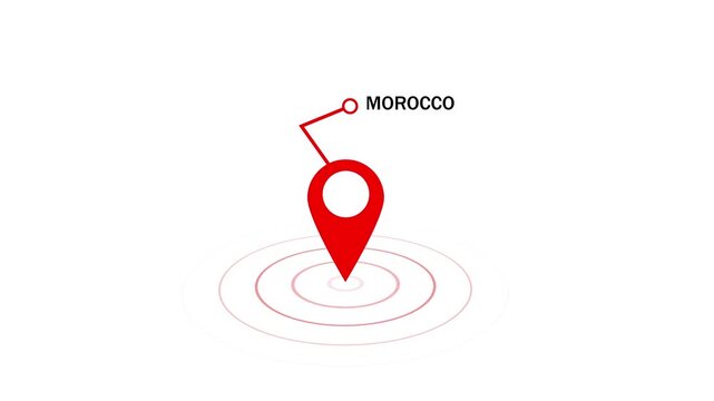 Animated red map location pin marker pointing to morocco with pulsing radar circles and geographic destination label for travel, logistics, global business, and international navigation projects