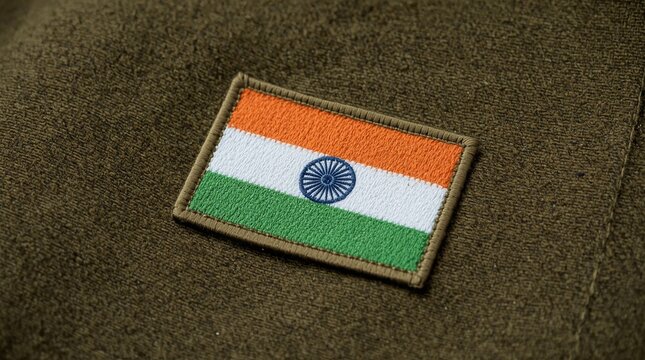 Close up of intricately embroidered tri color national flag patch with central wheel design