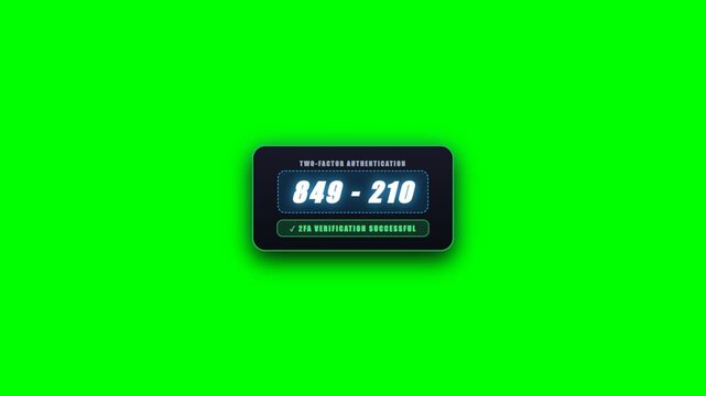Animated two-factor authentication 2FA verification success HUD card on green screen