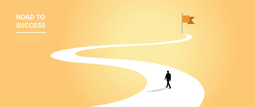 Winding path road to success concept with businessman silhouette and goal flag vector illustration
