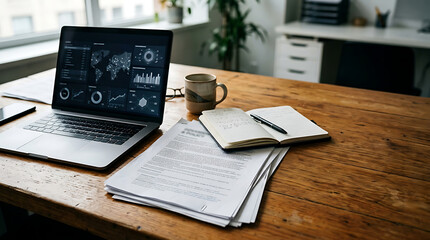 Obraz premium Modern workspace with data analytics on laptop, notebook, and coffee on a wooden desk