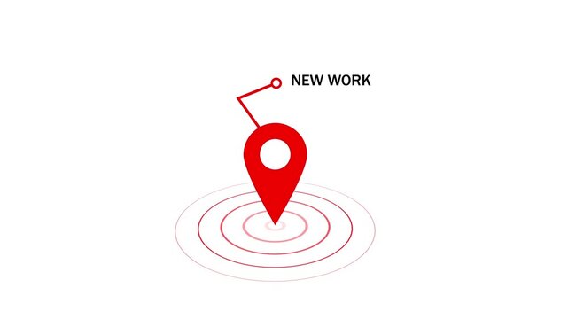 Dynamic red map pin animation with new work text label and pulsing circular location indicator for business marketing, digital navigation, recruitment, and modern corporate presentations