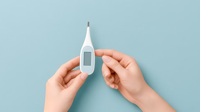 A woman's hands hold a digital thermometer against a soft blue background. This image represents medical health monitoring and clinical temperature check procedures.