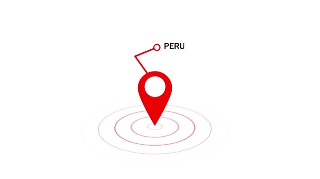 Animated red map pointer pin indicating peru location on white background, digital cartography marker with pulsing circular ripples for global travel, logistics, navigation, and geographic data