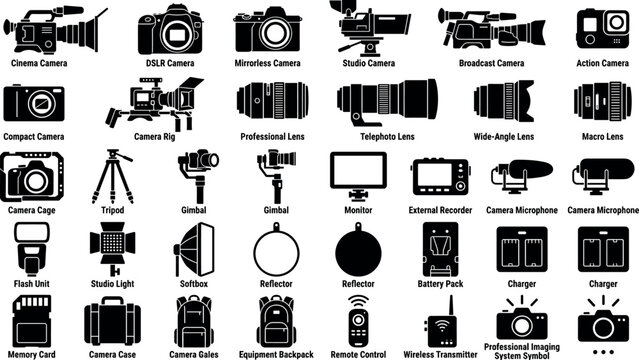 Photography and video equipment vector icon set featuring cinema dslr cameras lenses tripod and studio gear