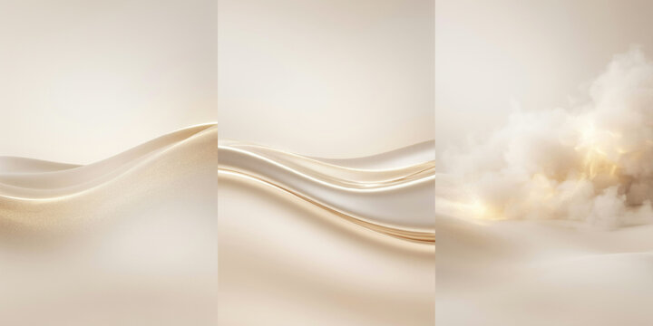 Abstract triptych of soft beige wavy silk fabric and clouds in light tones