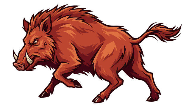 Dynamic vector illustration of an aggressive wild boar mascot charging, featuring sharp tusks, brown fur, and an angry expression isolated on a white background for logo design.