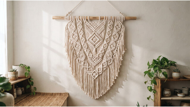 Bohemian macrame wall hanging with intricate geometric knots, natural cotton yarn, minimalist interior decor, modern boho home styling, handcrafted textile art, neutral beige tones