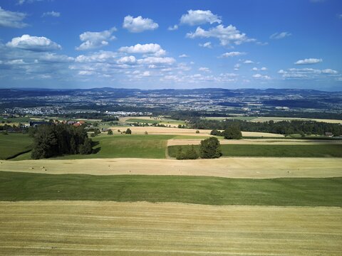 View of the Reuss Valley in the foreground harvested cornfields, Schlatt, Canton of Aargau, Switzerland