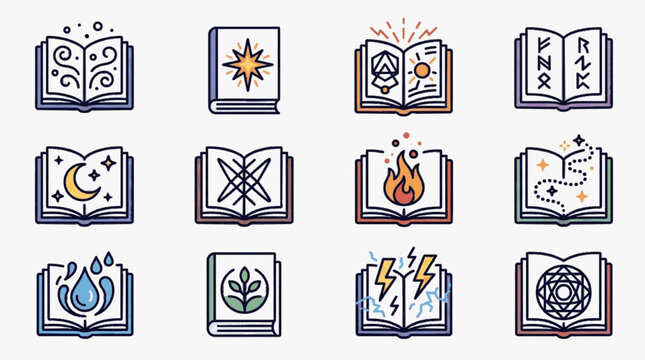 Set of 12 fantasy magic book icons and spell grimoires with elemental symbols including fire, water, lightning, runes, moon, stars, and alchemy circles on white background.