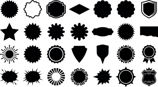 Starburst badge and geometric promo sticker vector set featuring blank price tags sale labels ribbons shields and black silhouette decorative elements