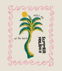 Tropical surf Paradise Island. Hand drawn Palm tree art. Beach Waves with sunshine artwork, Minimal drawing girl's graphics design. Summer T- shirt Design. surfing with beach side. graphic tee. © HOT CHILI