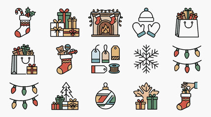Fototapeta premium Vector set of 15 Christmas themed icons featuring stockings, gift boxes, fireplace, winter apparel, shopping bags, tags, snowflakes, fairy lights, and baubles in a muted flat style design.