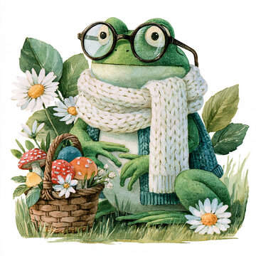 Cute frog sitting beside a basket of colorful mushrooms and daisy flowers, with round glasses and a big knitted scarf and vest surrounded by green leaves and grass