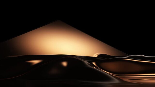 Dark glossy waves gradually morph into sharp angular forms and a vivid orange geometric structure in a dramatic abstract animation.