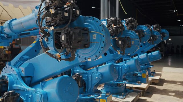 Blue robotic arms stand in warehouse rows. Metal joints gleam under industrial lighting. They rest on wooden pallets, ready for deployment