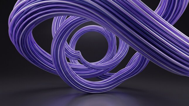 Abstract purple and white twisted wires or fiber optics forming a complex spiral loop on dark background