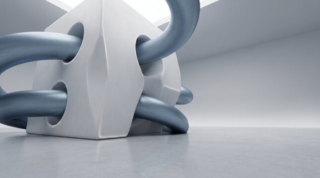 Minimalist modern 3D abstract sculpture with a white block and blue metallic tubes in a studio space