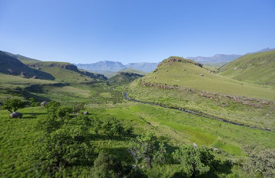 Green idyllic mountain valley with river, Giant's Castle, Maloti-Drakensberg Park, Drakensberg Mountains, South Africa
