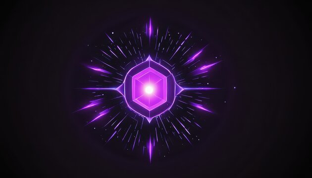 Glowing purple futuristic hexagon surrounded by radiant energy bursts against dark background